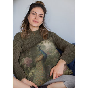 Coussin Scène botanique de paon dans un jardin anglais