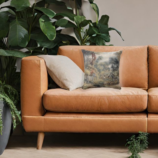 Coussin Scène botanique de zèbres et lions dans une oasis (Créateur téléchargé)