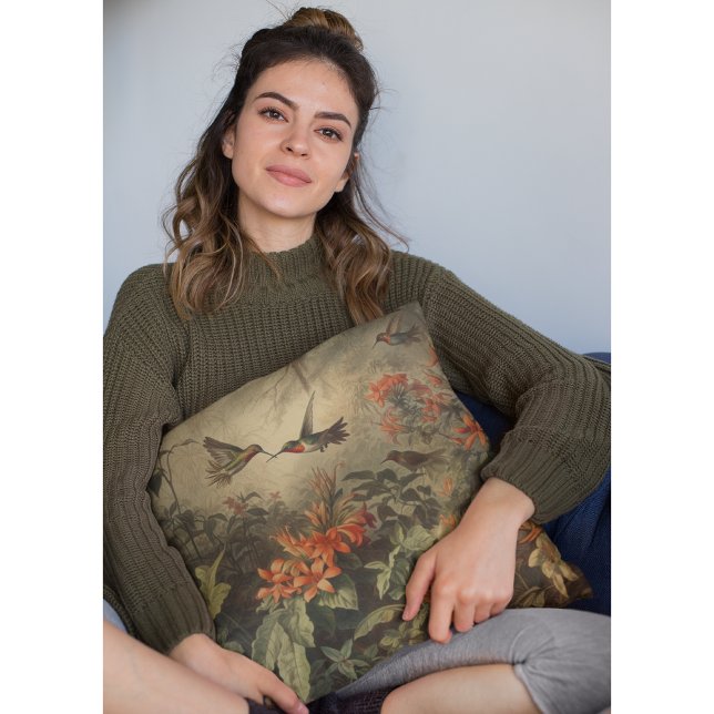 Coussin Scène botanique vintage d'hummingbirdet de fleurs (Créateur téléchargé)