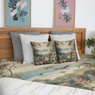 Coussin Scène botanique vintage oiseaux fleurs au paradis