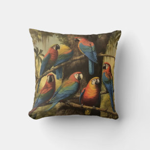 Coussin Scène botanique vintage perroquets colorés dans un
