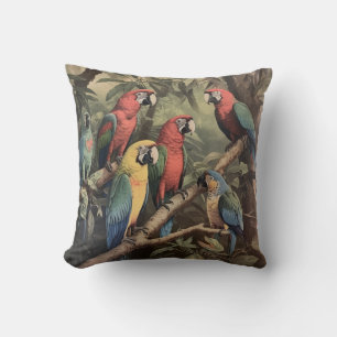 Coussin Scène botanique vintage perroquets colorés dans un