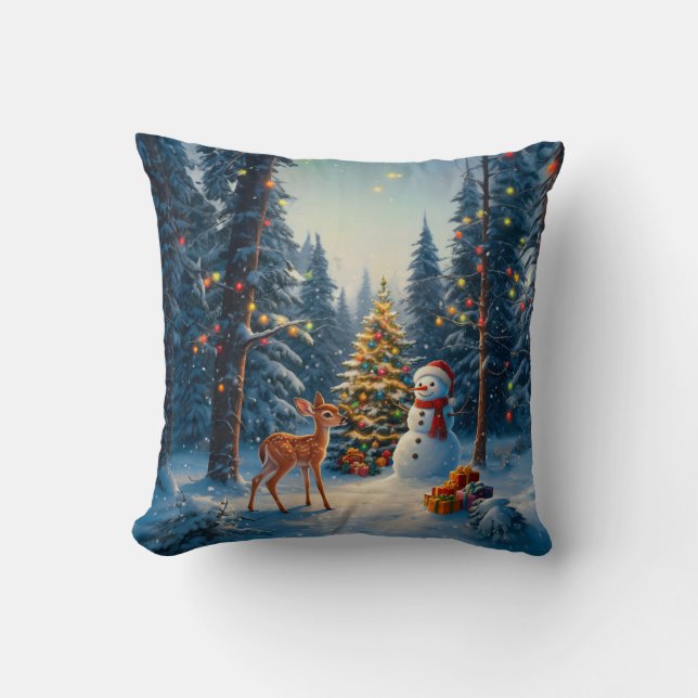 Coussin Scene d'arbre de Noël Cute Deer Fawn Snowman (Recto)