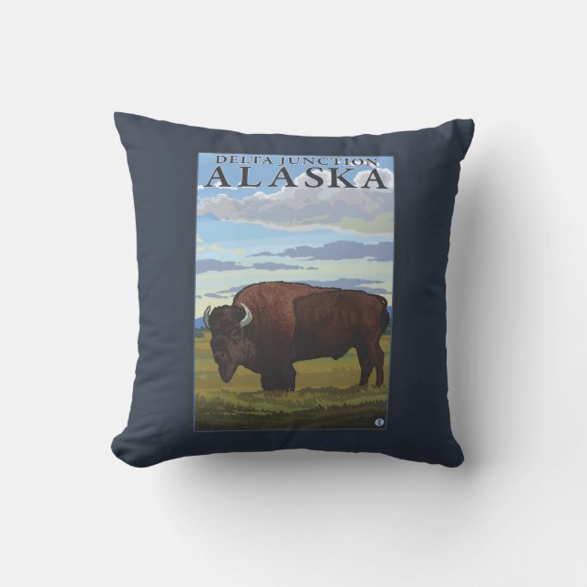 Coussin Scène de bison - jonction de delta, Alaska (Recto)