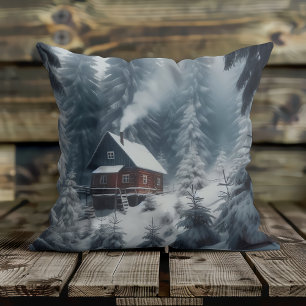 Coussin Scène de cabane hivernale avec neige et pins