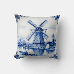 Coussin Scène de canal classique avec moulin à vent bleu d