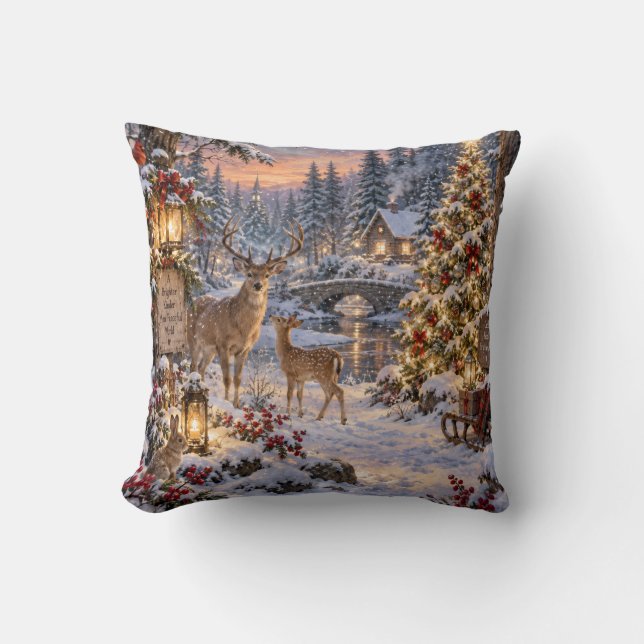 Coussin Scène de cerf de la forêt de Noël (Recto)