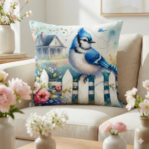 Coussin Scène de clôture de jardin de cottage au geai bleu