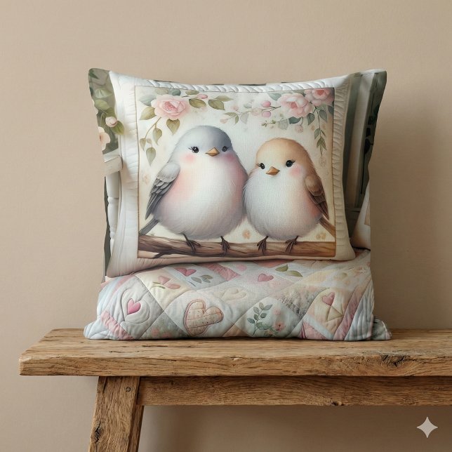 Coussin Scène de courtepointe florale de tourtereaux Cotta (Cottagecore Lovebird Floral Quilt Scene Throw Pillow Mockup A)