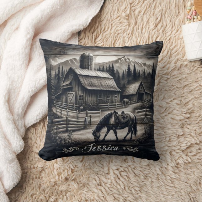 Coussin Scène de ferme rustique à Dusk avec Cheval de pâtu (Couverture)