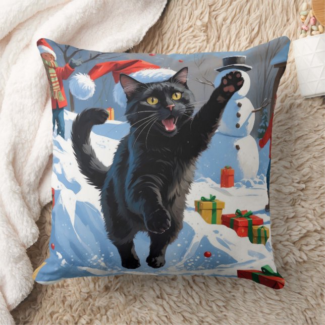 Coussin Scène de fête de Noël de chat noir (Couverture)