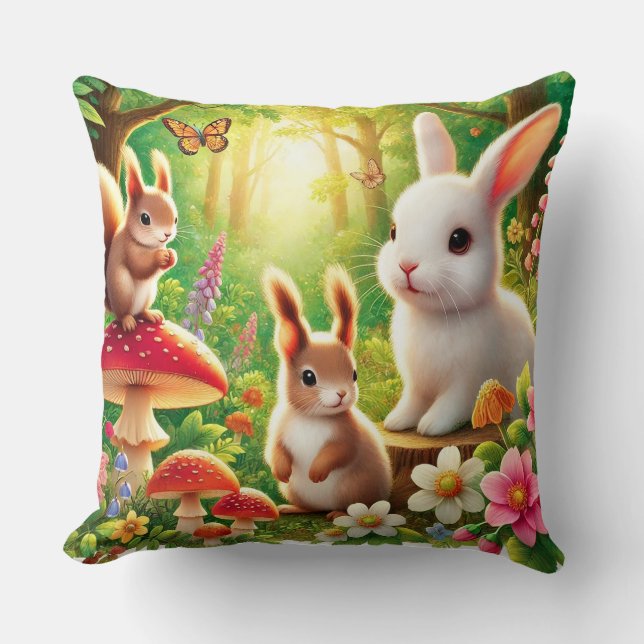Coussin Scène de forêt lunaire avec lapins, écureuils (Recto)