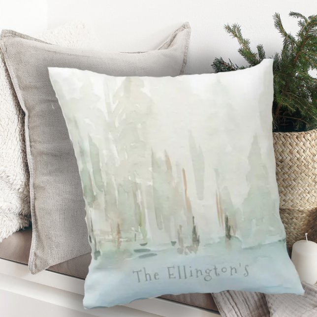 Coussin Scène de forêt moderne à l'aquarelle Nom de famill (Créateur téléchargé)