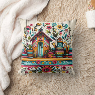 Coussin Scène de jardin animée avec une maison d'oiseaux c