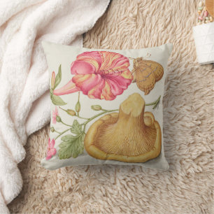 Coussin Scène de jardin avec fleurs, papillon et champigno