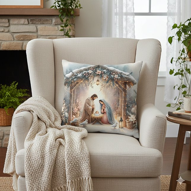 Coussin Scène de la Nativité rustique avec fleurs d'hiver (Rustic Nativity Scene with Winter Florals )