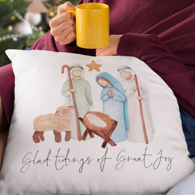 Coussin Scène de la Nativité Script Glad Tidings of Great  (Mary Joseph baby Jesus and Shepherd Glad Tidings Pillow. Same design both sides)