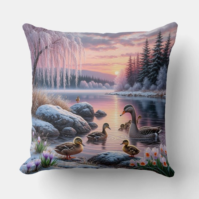 Coussin Scène de lac hivernal paisible avec canards (Recto)