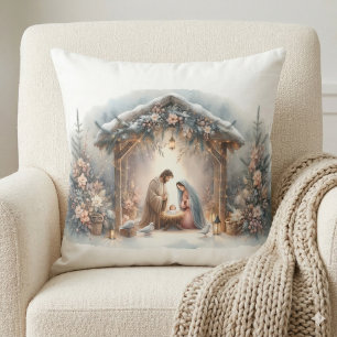 Coussin Scène de Nativité Rustique avec Fleurs d'Hiver