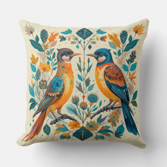 Coussin Scène de nature avec oiseaux et éléments géométriq (Recto)