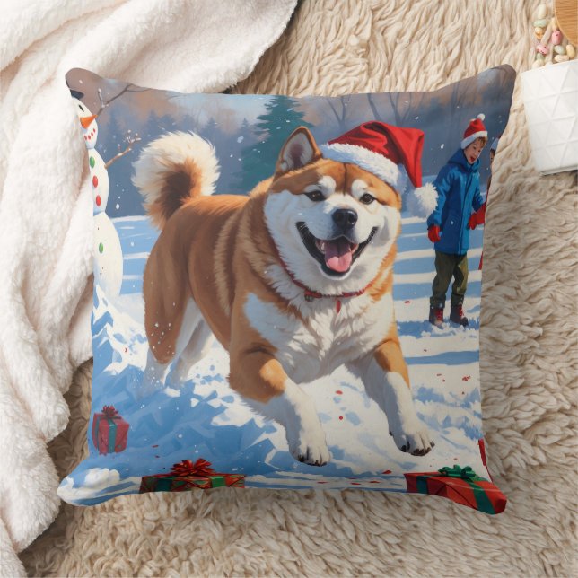 Coussin Scène de neige festive d'Akita à Noël  (Couverture)