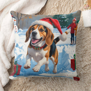 Coussin Scène de neige festive de Noël avec Beagle