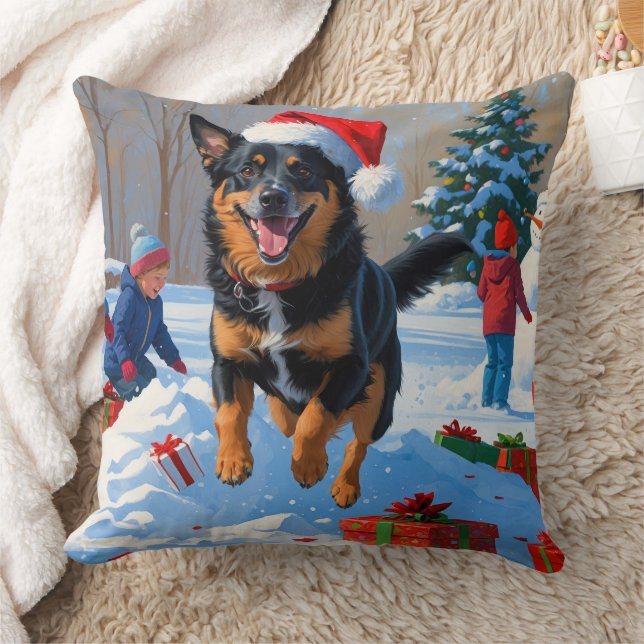 Coussin Scène de neige festive de Noël avec Malinois Belge (Couverture)