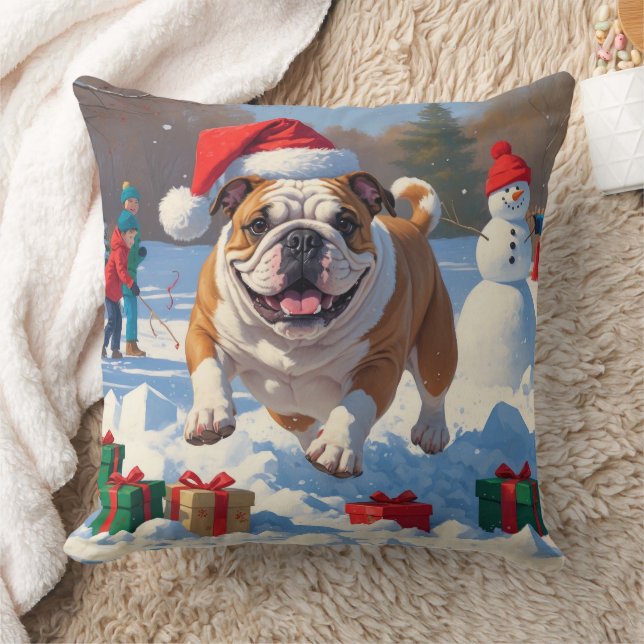 Coussin Scène de neige festive de Noël Bulldog (Couverture)