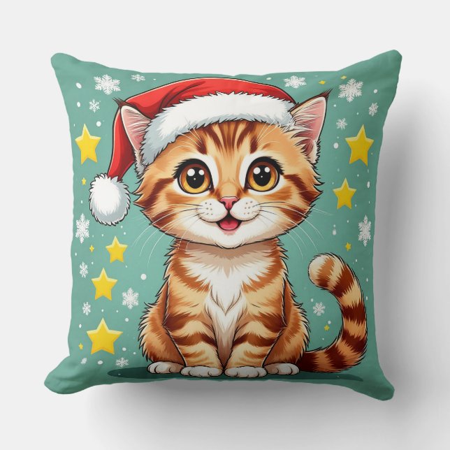 Coussin 🎅 Scène de Noël avec un chat heureux 🐾 (Recto)