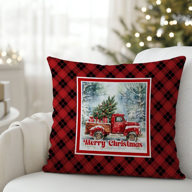 Coussin Scène de Noël camion rouge festive rustique gras  (Festive red truck Christmas scene rustic bold pillow tag

)