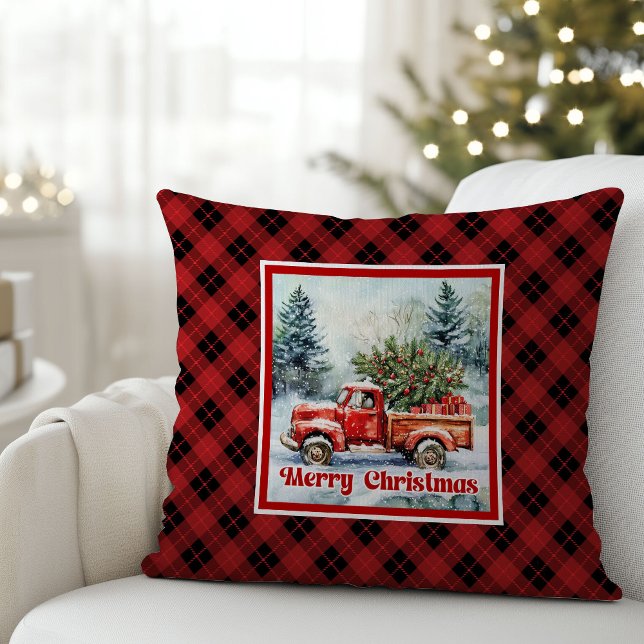 Coussin Scène de Noël camion rouge joyeux rustique gras  (Cheerful red truck Christmas scene rustic bold pillow joy

)