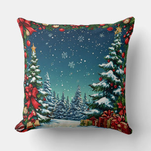 Coussin Scène de Noël festive avec des arbres enneigés