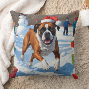 Coussin Scène de Noël festive avec un Boxer dans la neige