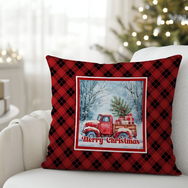 Coussin Scène de Noël festive et rustique avec un camion r (Whimsical red truck Christmas scene rustic festive pillow

)
