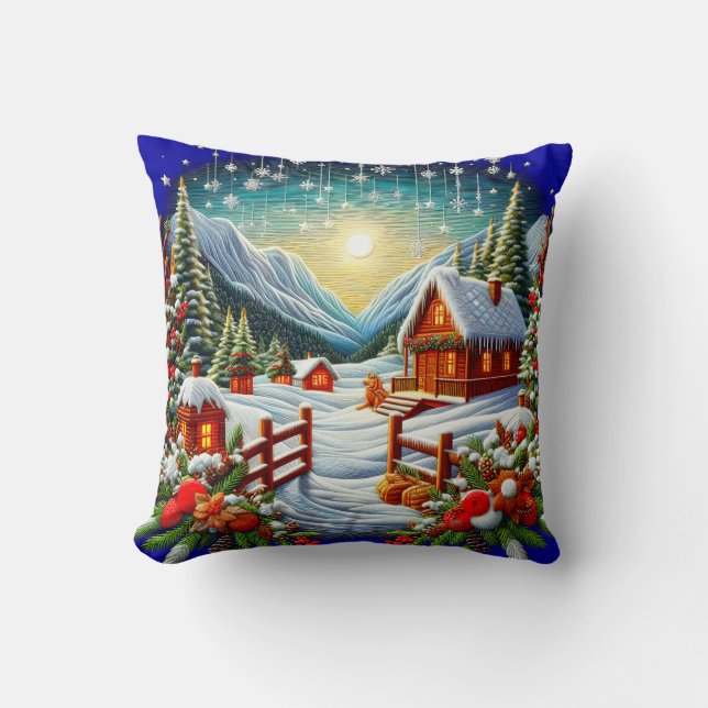 Coussin Scène de Noël hivernale extérieure à broderie (Recto)