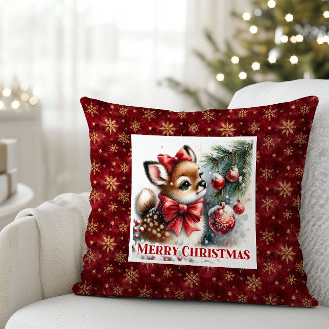 Coussin Scène de Noël hivernale festive forêt enneigée ser (Serene snowy forest festive winter scene Christmas pillow)