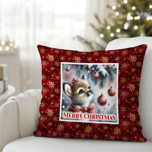 Coussin Scène de Noël rêveuse bébé faon hiver cosy enfants