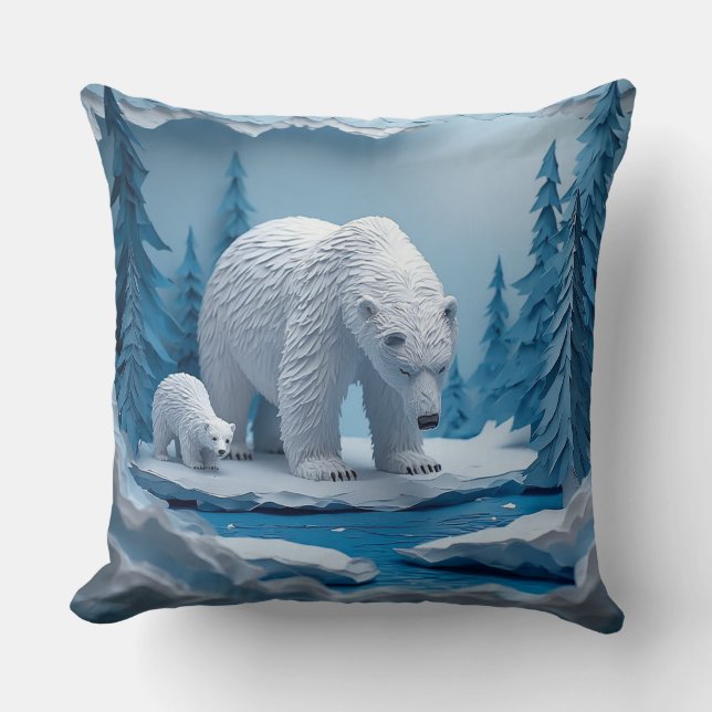 Coussin Scène de Papercraft d'Ours Polaires dans une Forêt (Recto)