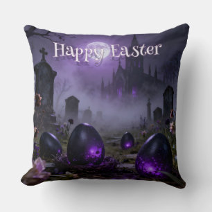Coussin Scène de Pâques gothique sombre avec des œufs lumi