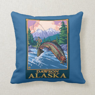 Coussin Scène de pêche de mouche - Dawson, Alaska