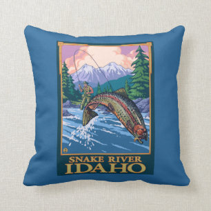 Coussin Scène de pêche de mouche - la rivière Snake, Id