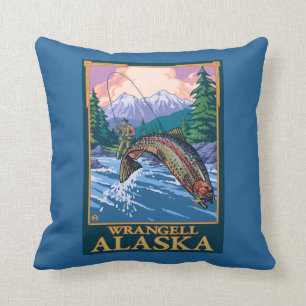 Coussin Scène de pêche de mouche - Wrangell, Alaska