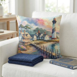 Coussin Scène de phare côtier et cottages de plage