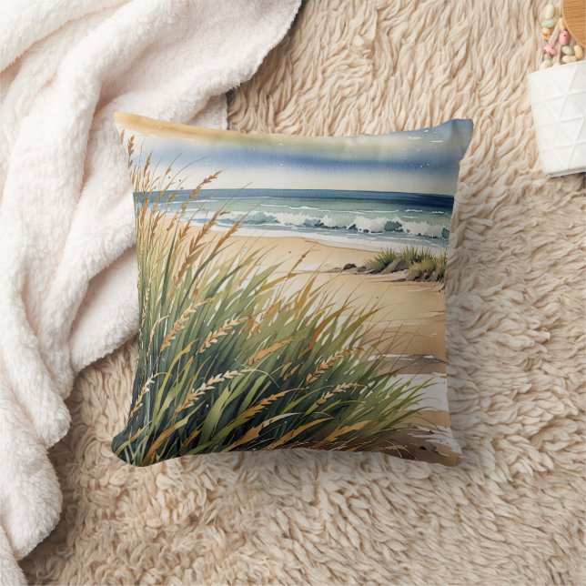 Coussin Scène de plage à l'aquarelle avec herbe et océan (Couverture)