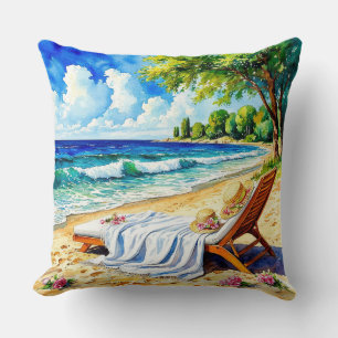 Coussin Scène de plage relaxante avec chaise longue