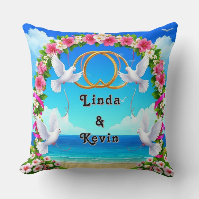 Coussin Scène de plage romantique avec arche florale (Recto)