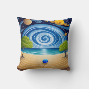 Coussin Scène de plage surréaliste avec des planètes, ciel