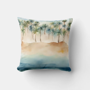 Coussin Scène de plage tropicale à l'aquarelle Palmiers Sa