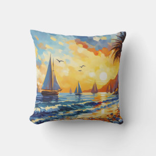 Coussin Scène De Plage Tropicale Avec Bateaux À Voile Jete