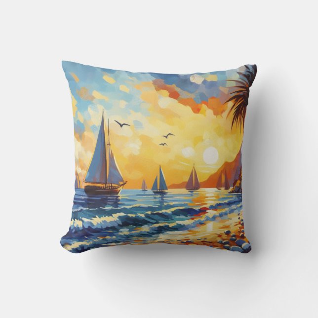 Coussin Scène De Plage Tropicale Avec Bateaux À Voile Jete (Recto)